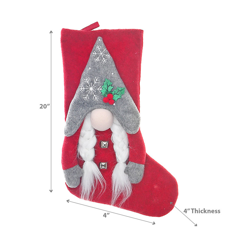 Red Polyester Christmas Stocking with Snowflake Gnome Design
