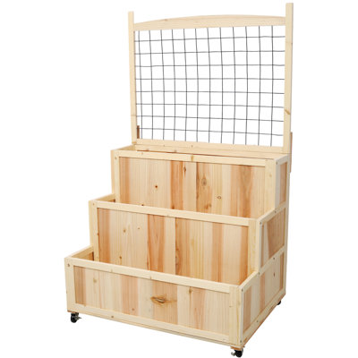 3-Tiers Raised Garden Bed With Trellis, 53" H Vertical Planter Box With Wheels & Back Storage Area, For Flowers, Vegetables, Herbs, Natural