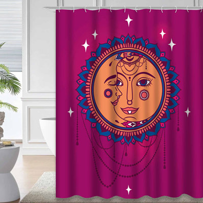 Sun Moon Boho Antique Asian Bohemian Shower Curtain with 12 Hooks