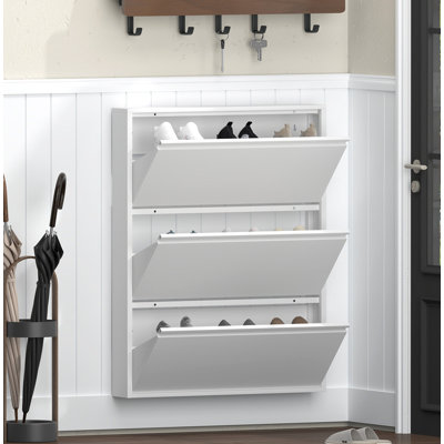 Étagère à chaussures étroite et étroite, armoire à chaussures murale en métal blanc avec 3 tiroirs rabattables, rangement pour le vestibule