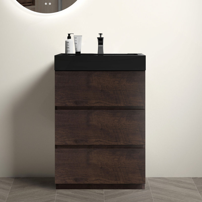 Meuble-lavabo de salle de bain avec lavabo, grand meuble-lavabo autoportant pour salle de bain moderne, lavabo une pièce noir sans drain ni robinet, pré-assemblé