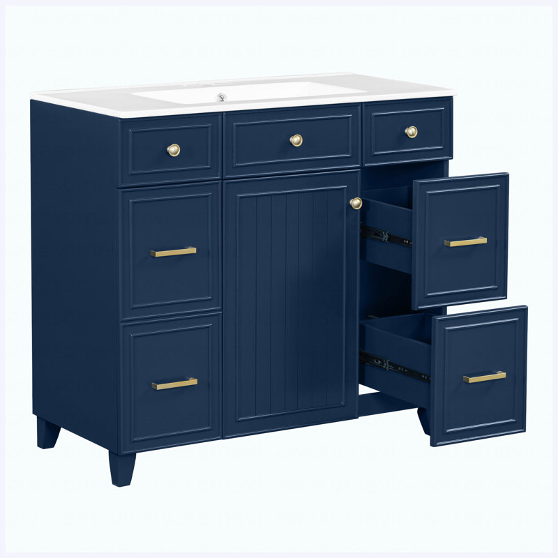 Meuble-lavabo sur pied 36 po avec lavabo en céramique, structure en bois massif, portes à fermeture en douceur, 3 tiroirs avec tiroir à double profondeur, tablettes réglables, bleu