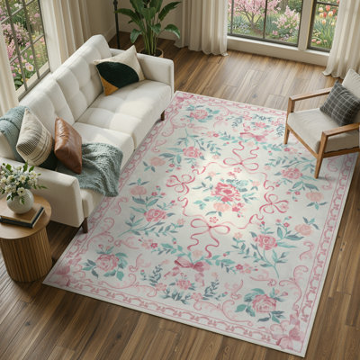 Kaldi Vintage Floral Bow Washable Area Rug, Soft Low-Pile Rug with Non-Slip Backing