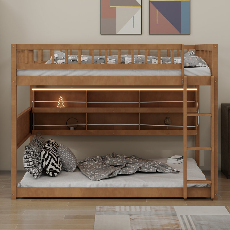 Lit superposé avec tablettes intégrées, lumières à changement de couleur et panneau perforé, Lit superposé double sur double
