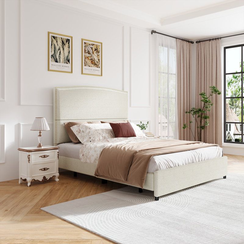 Bed Frame with 56" Tall Headboard, Boucle Upholstered Platform Bed with Nailhead Trim, Soft Fabric, No Box Spring Needed, Easy Assembly