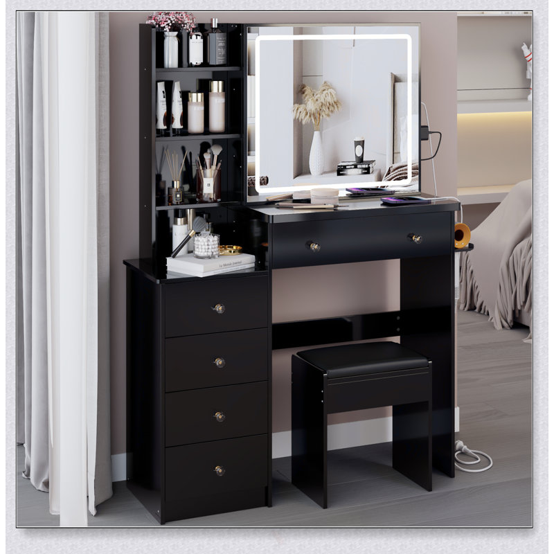 Ensemble de coiffeuse 37 pouces avec miroir coulissant à DEL, douilles intégrées, support pour sèche-cheveux et tabouret rembourré, grande capacité de rangement