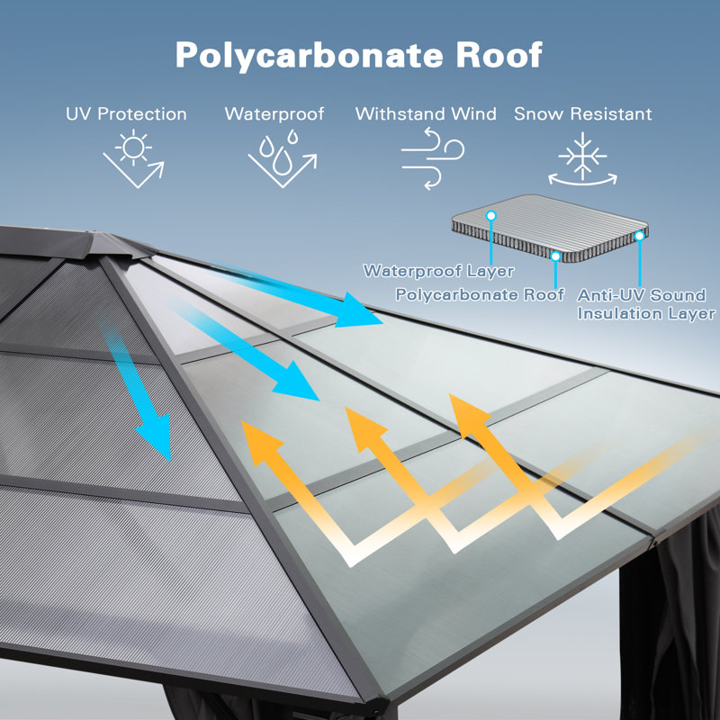 Patio Hardtop Steel Gazebo with Polycarbonate Roof, Curtains and Netting, 10' x 10', Gray