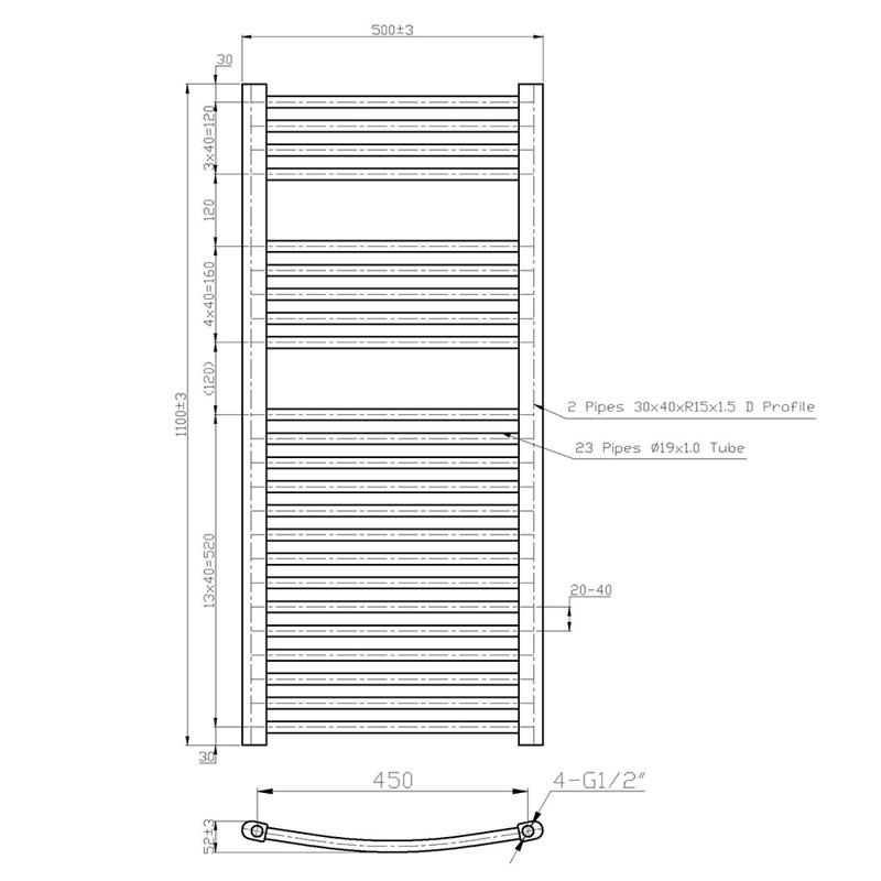 Shirey Curved Towel Rail Heated Towel Rails, 110cm H x 50cm W x 3cm D