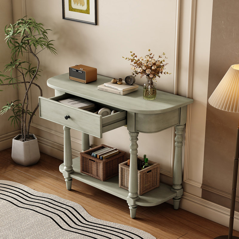 Narrow Console Table with Curved Corner, Retro Entryway Table with Top Drawer and Open Shelf, Sofa Table Console Tables for Entryway, Hallway and Living Room