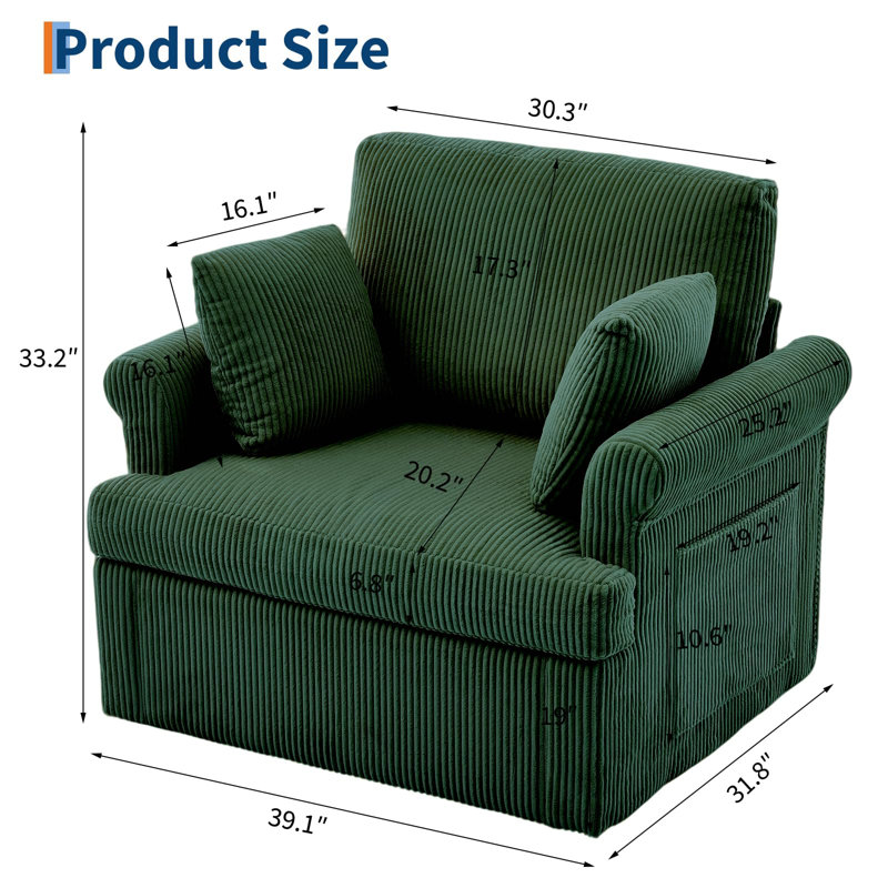 Fauteuil d'appoint pivotant moderne 39 po, grand fauteuil en velours côtelé avec 2 coussins, Green