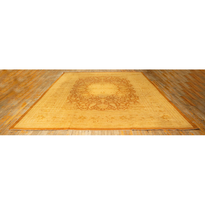1890s Antique Gold Open Field Medallion Knotted Wool Indian Agra Decorative Rug