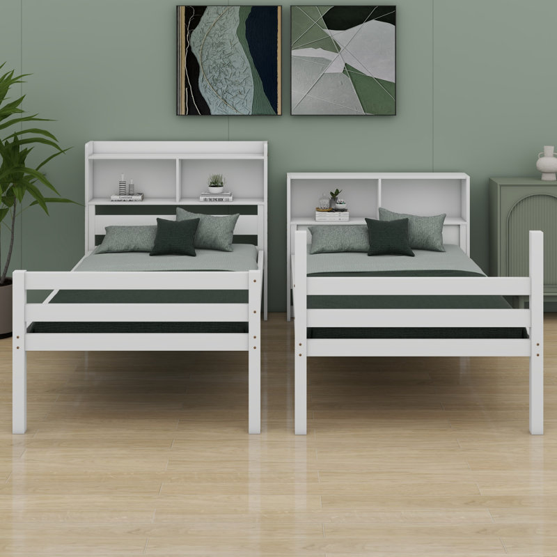 Lit superposé en bois avec tête de lit à étagères de rangement et échelle, se transforme en 2 lits, White