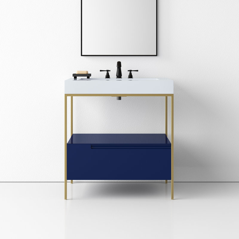 Armida 30'' Engineered Plywood Single Bathroom Vanity with 4" Thick Quartz Top, Navy Blue, White, White