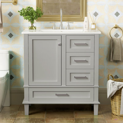 Ensemble de meuble-lavabo moderne avec lavabo 30 po, meuble-lavabo moderne avec porte à fermeture douce et 3 tiroirs, structure en bois massif