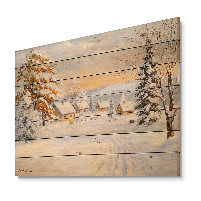 «Snowy Winter Village In Canada V», impression de paysage blanc traditionnel sur bois de pin naturel, H 30 po x l 40 po
