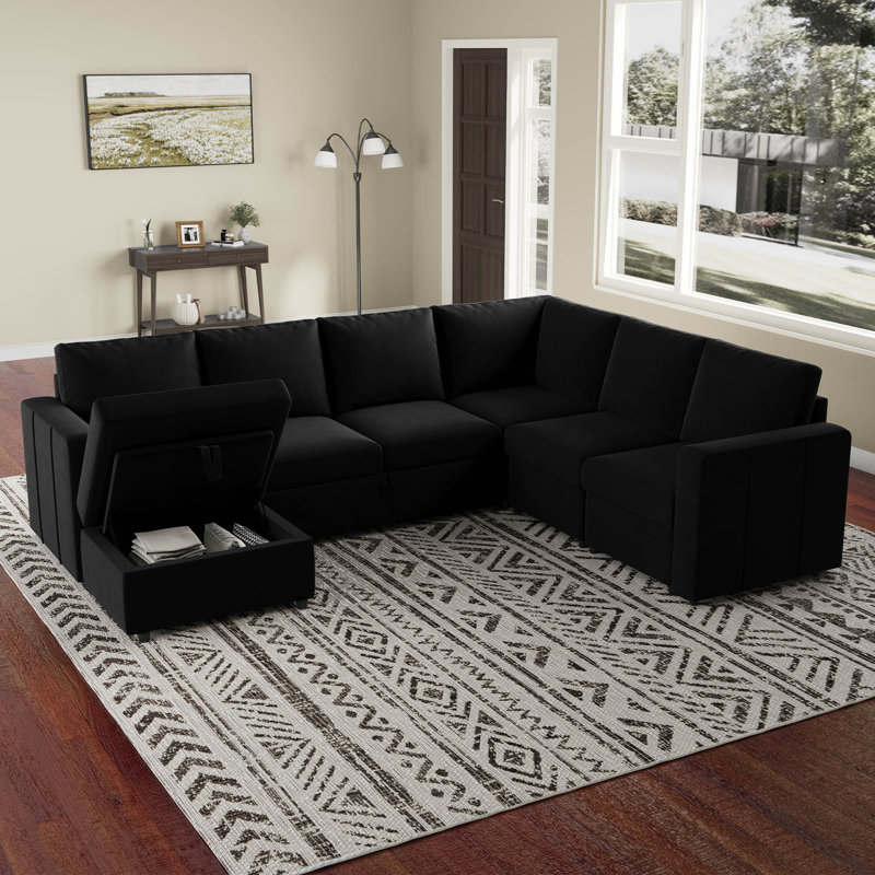Canapé-lit modulaire coulissant avec repose-pieds Seybert, Velours noir