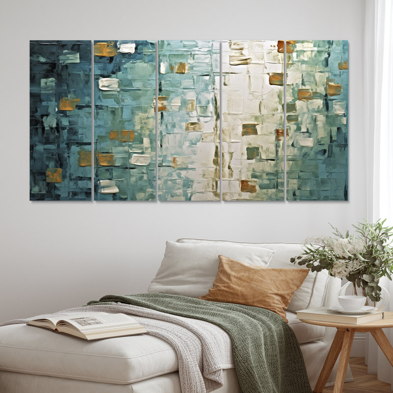 «Vintage Impermanence In Retro Gold Shades I», reproduction d'art murale abstraite - 5 panneaux égaux