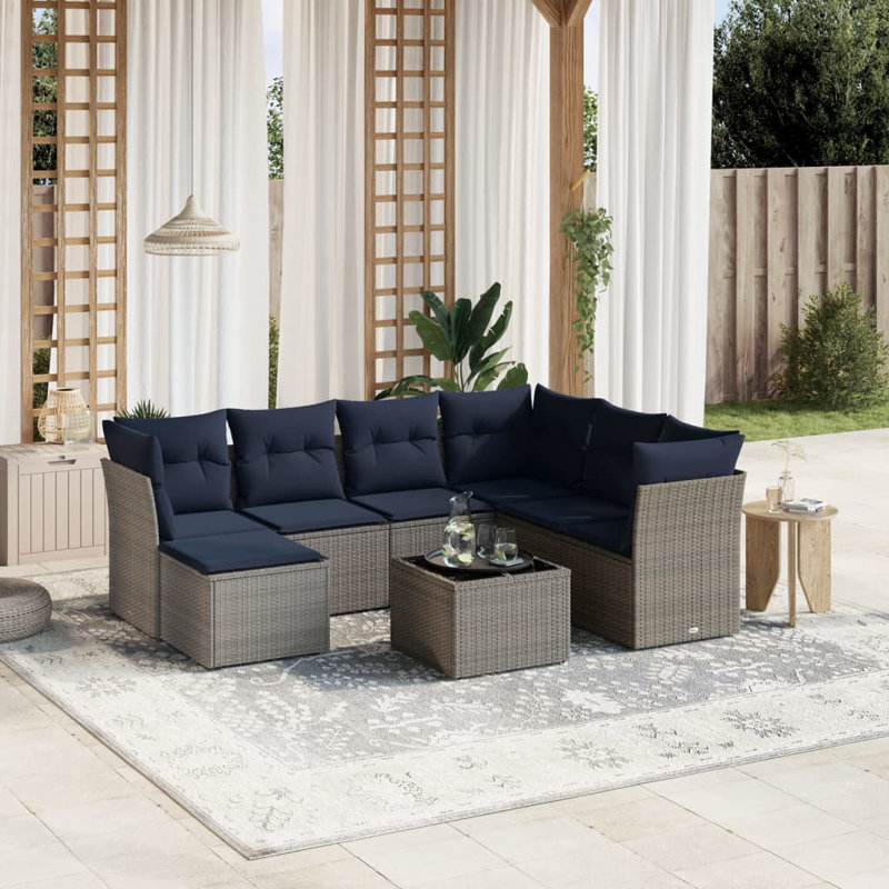 Ensemble de canapé de patio 8 pièces avec coussins en rotin de polyester, Marine, Gris