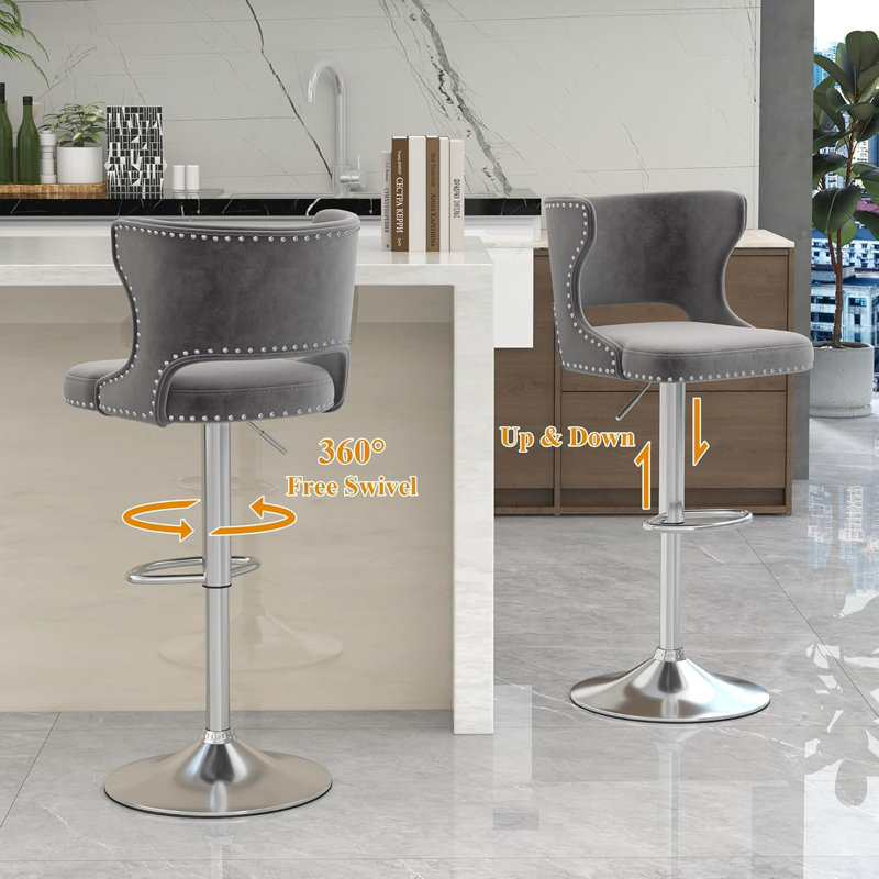 Bar Stools Set of 2, Velvet Swivel Island Chairs, Adjustable Silver Barstools with Hollow Back and Footrest, Upholstered Counter Height Stool Chairs for Kitchen Island Dining Room Home, Grey