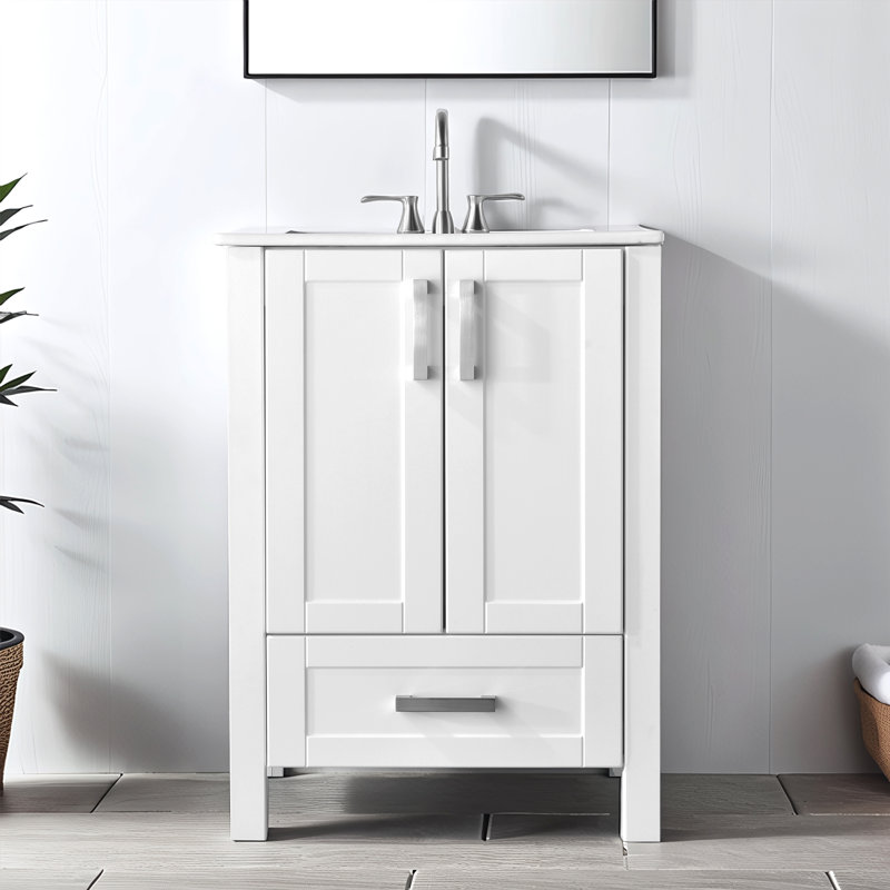 Meuble-lavabo simple autoportant 24 po avec plateau en céramique 24 po, Blanc, Argent argent