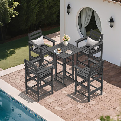 5-Piece HDPE Outdoor Bar Set – 4 Tall Bar Chairs & 1 Square Table, All-Weather Patio Furniture for Poolside, Garden, or Balcony by Latitude Run