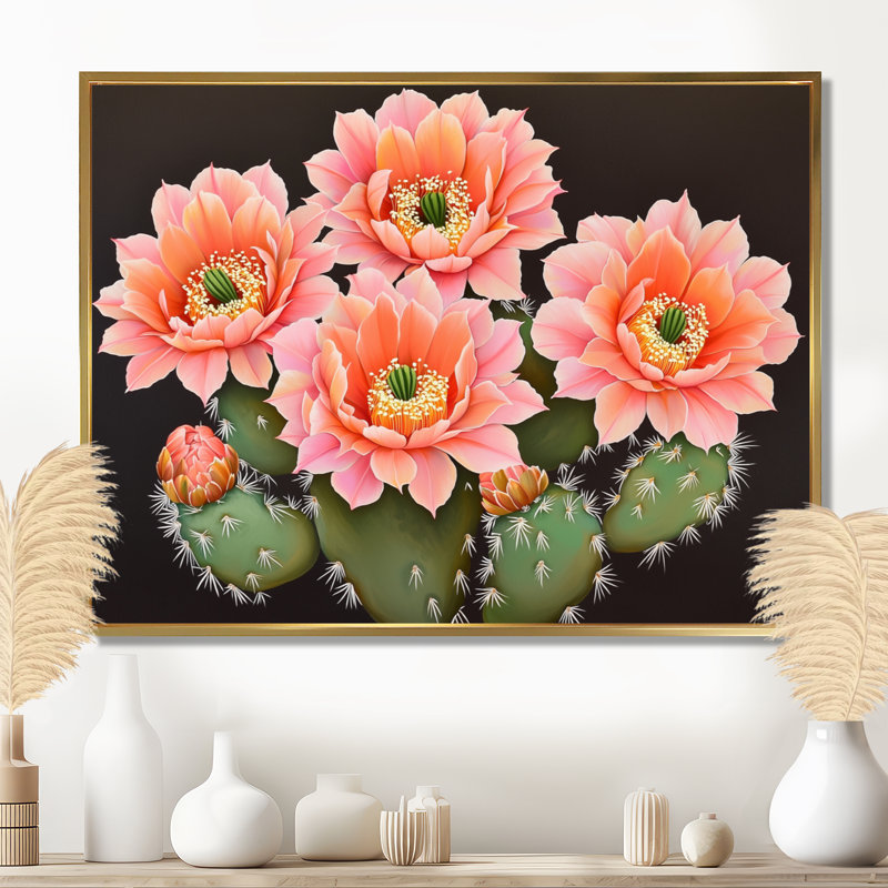 «Rose and Orange Cactus Bloom III - Floral Cactus», reproduction d'art murale, H 12 po x l 20 po, Doré
