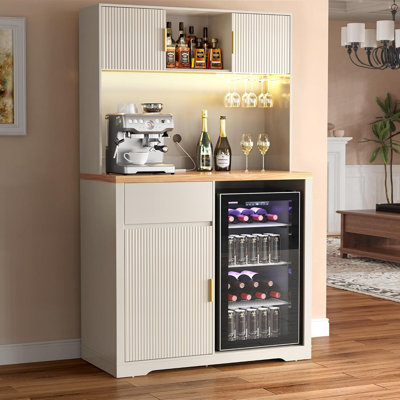 72"Coffee Bar Cabinet with Fridge Space, Fluted Liquor Home Bar, Ivory