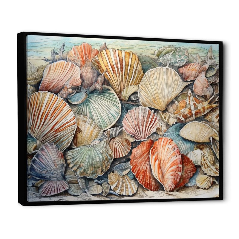Seaside Seashells IV sur toile, H 12 po x l 20 po x P 1 po, Cadre flottant noir