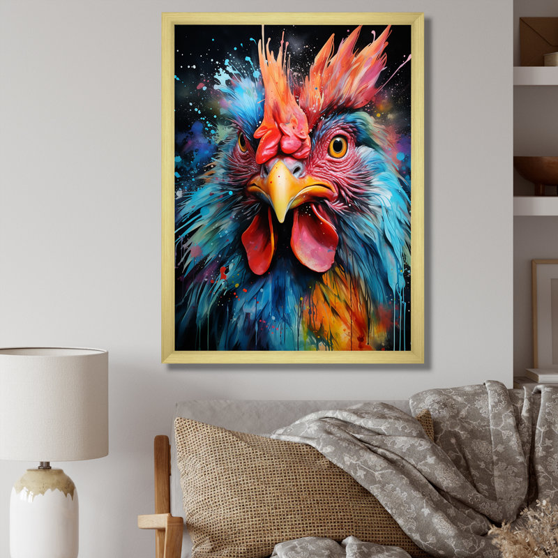 «Blue Red Rooster Chœur», art mural coq, H 20 po x l 12 po x P 1 po, Cadre flottant noir