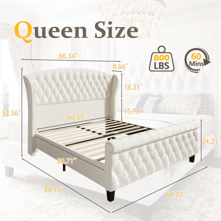 Queen Bed Frame with Scroll Wingback Headboard