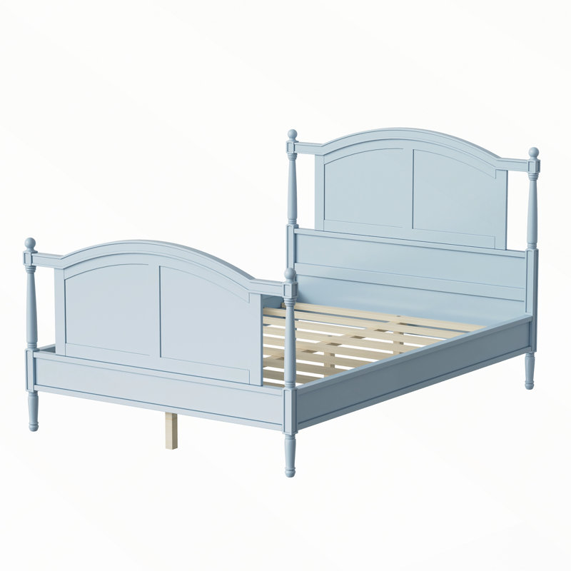 Lit plateforme traditionnel en bois avec tête de lit arquée et montants à fuseaux, Double, Bleu clair
