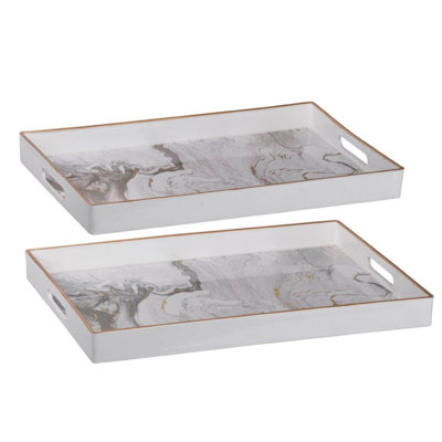 Fara Rectangular Tray Set Of 2, Marble Design, Cutout Handle, White Plastic