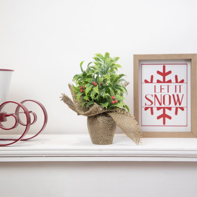 Houx de Noël artificiel glacé 8 po avec base en toile de jute