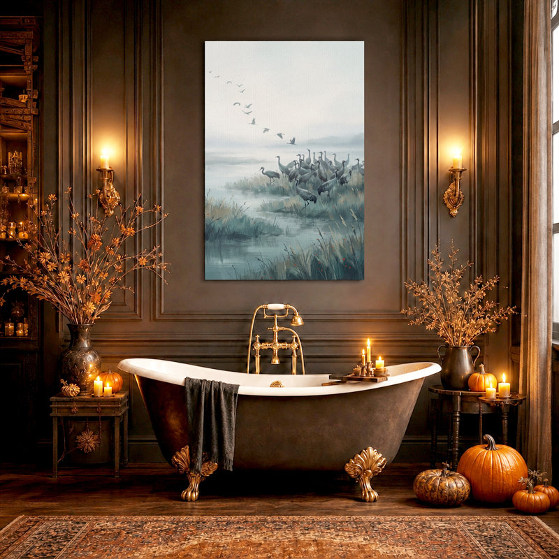 Vol de grues volant au-dessus d'un marais - Toile murale d'Halloween, 36"H x 24"W