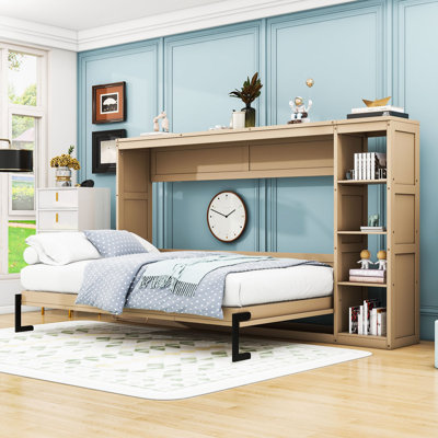 Lit escamotable en bois avec 3 tablettes