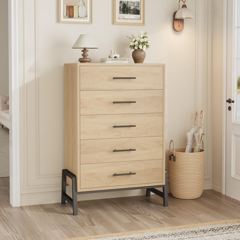 Grande commode de campagne moderne à 5 tiroirs en chêne naturel, rangement spacieux avec plateau imperméable de 25 mm d'épaisseur, polyvalente pour tous les styles de pièces