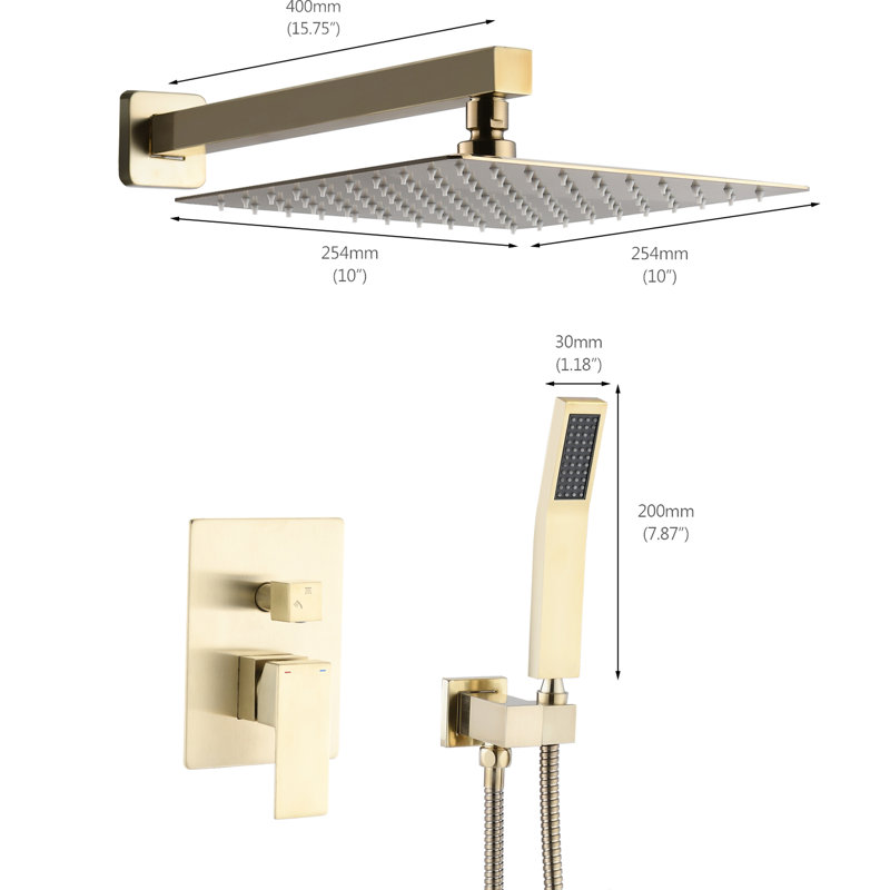 10 Inch Brushed Gold Wall Mounted Shower System With Built - In Hot And Cold Water Control, Diverter Valve, Top Spray Adjustable Head, Diverter, Finish For A Serene Bathroom