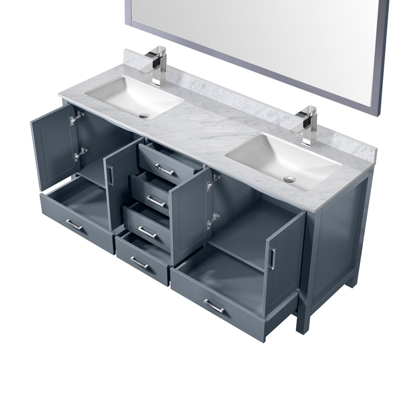 Meuble-lavabo double P 22 po, comptoir en marbre de Carrare, ensemble de robinet et miroir de 58 po, Gris foncé