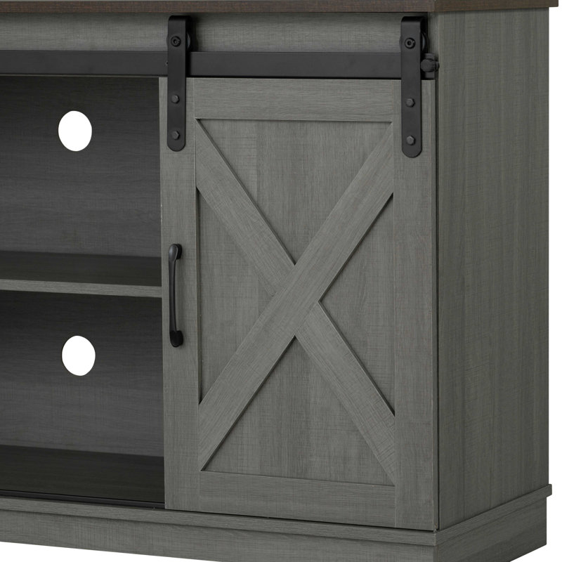 Meuble télé 56 po pour téléviseur de 60 po ou moins, console de rangement grise et noyer foncé avec portes de grange coulissantes