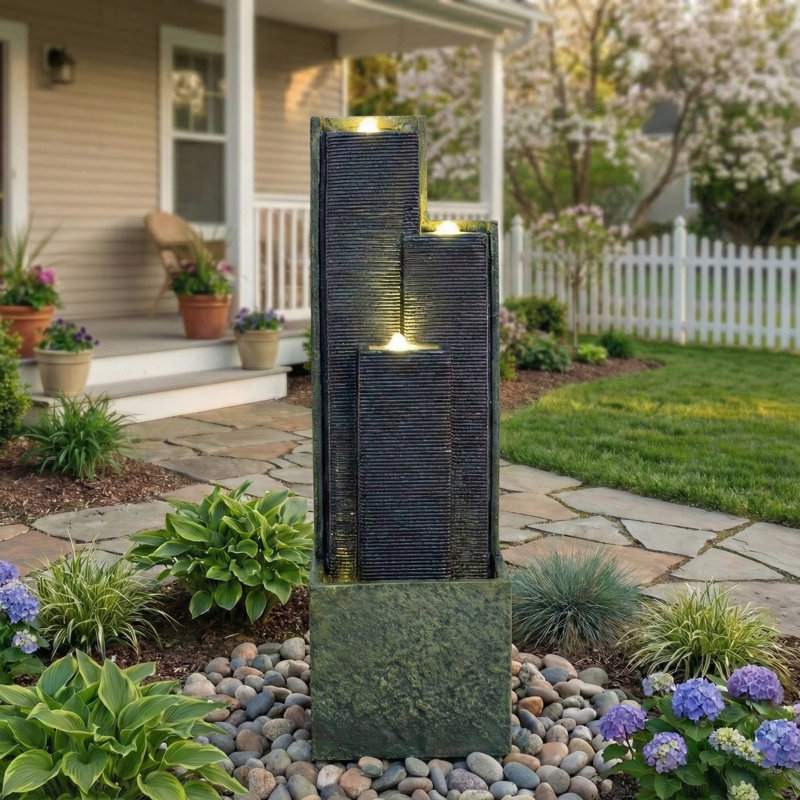 Modern Cascading Freestanding Outdoor Water Fountain With LED Lights For Garden And Patio Decor