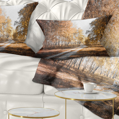 Forest Straight Road in Fall Birch Grove Lumbar Pillow