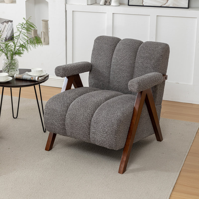 Draedyn Upholstered Boucle Armchair with Solid Wood Legs, Light Gray, 1