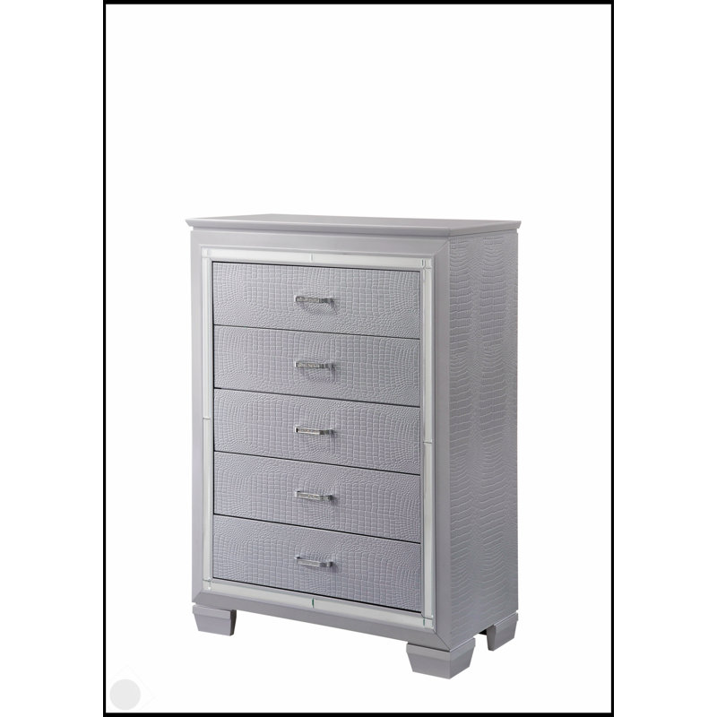 Modern Five-Drawer Tall Chest With Beveled Mirror Accents And Chrome Finish Hardware For Elegant Storage