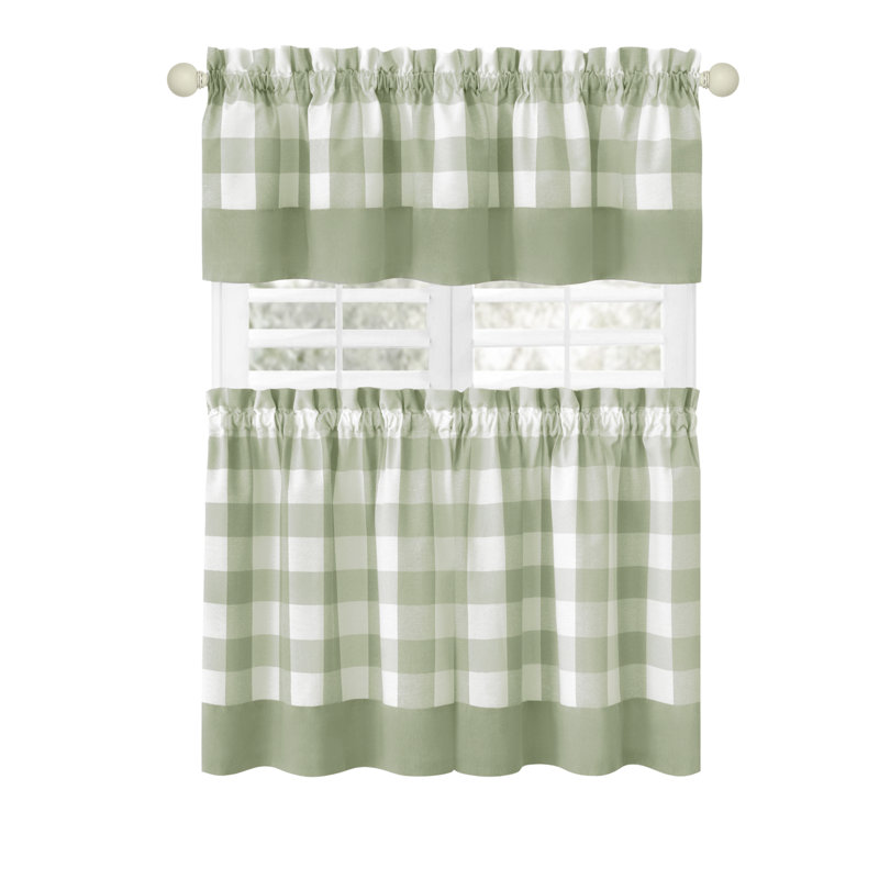 Woven Trends Guydra Tier and Valance Window Curtain Set, Green/White, 57" W x 24" L