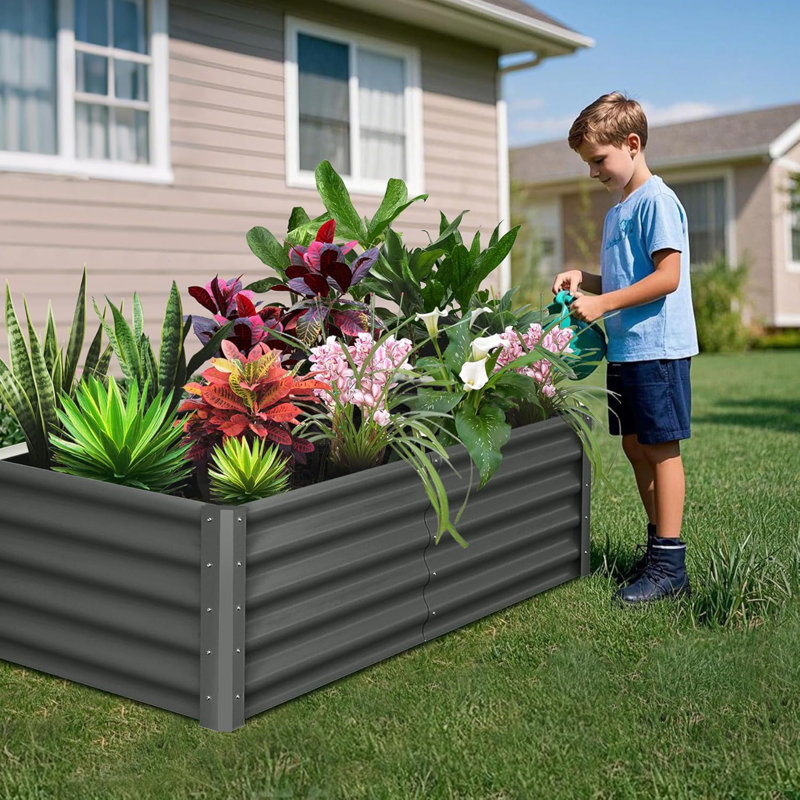 Lit de jardin surélevé galvanisé 2 pièces, boîtes à fleurs robustes en métal pour l'extérieur pour légumes, herbes, fleurs - motif à vagues, fond ouvert, gris foncé