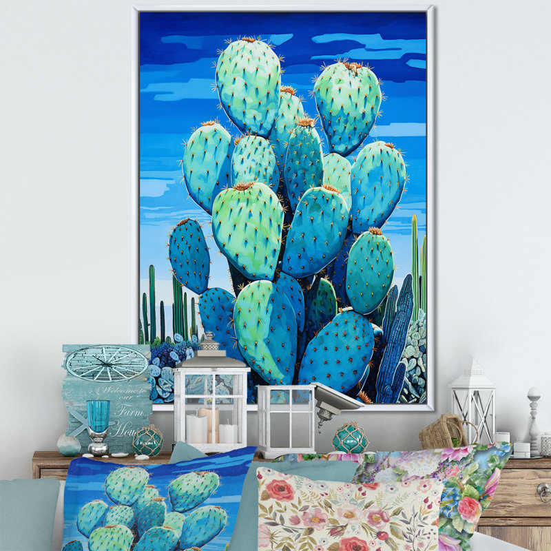«Cerulean Blue Cactus Collage I», reproduction sur toile, Cadre flottant blanc, H 40 po x l 30 po x P 1,5 po