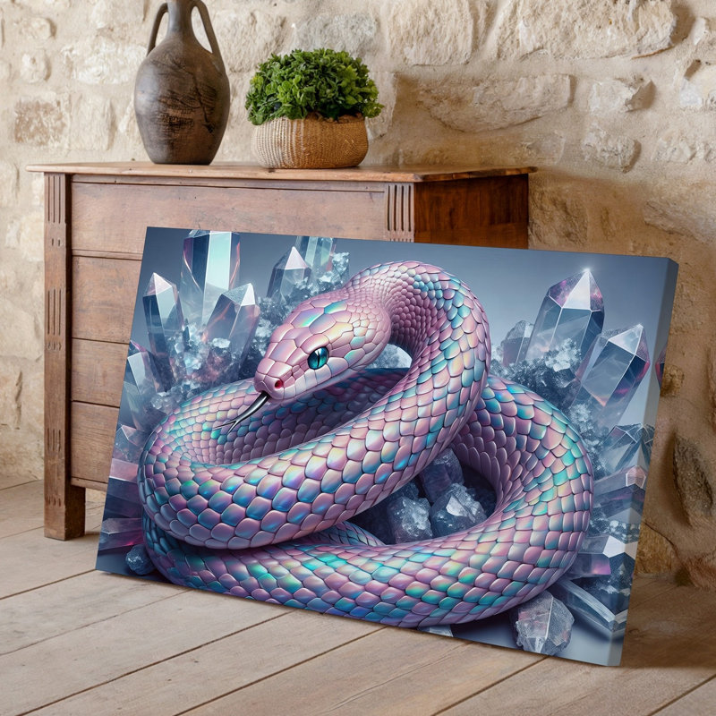 Toile, un serpent iridescent frappant enroulé élégamment sur fond de cristaux muraux chatoyants présentant un mélange captivant
