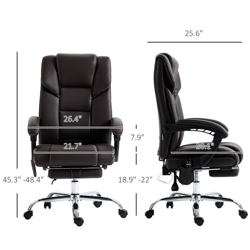 Fauteuil de bureau en cuir PU avec 6 massages, chauffage lombaire, hauteur de siège réglable, repose-pieds, inclinaison, chaleur de massage par vibration à 6 points brun, réglable, surface
