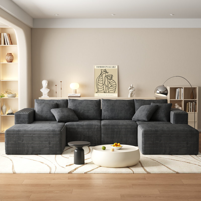 137" Comfy Cloud Couch, Modular U Shaped Sectional Sofa With Chaise And Ottoman, Deep Gray Corduroy