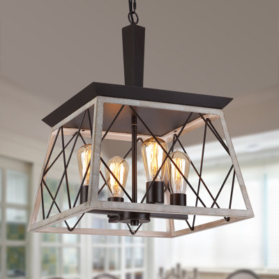 4-Light Farmhouse Kitchen Island Pendant Light, Rustic Industrial Chandelier with Oak White & ORB Metal Cage, Adjustable Hanging Light Fixture for Dining Room,Entryway Hallway UL Listed